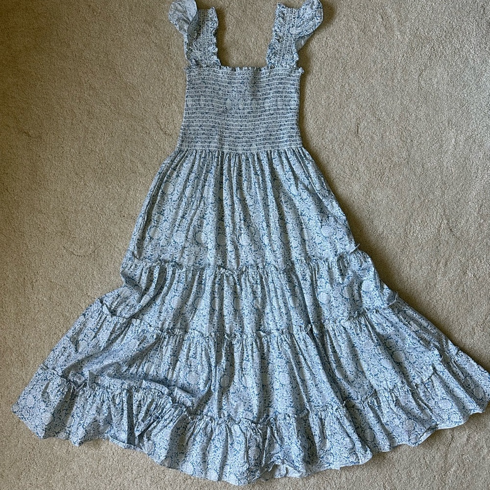 Calypso Blue Smocked Tiered Midi Cotton Floral Sundress from Kourt / Few Moda